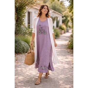 Vintage Linen Blend Purple Maxi Dress Hand-Painted Cycling Art Lagenlook M